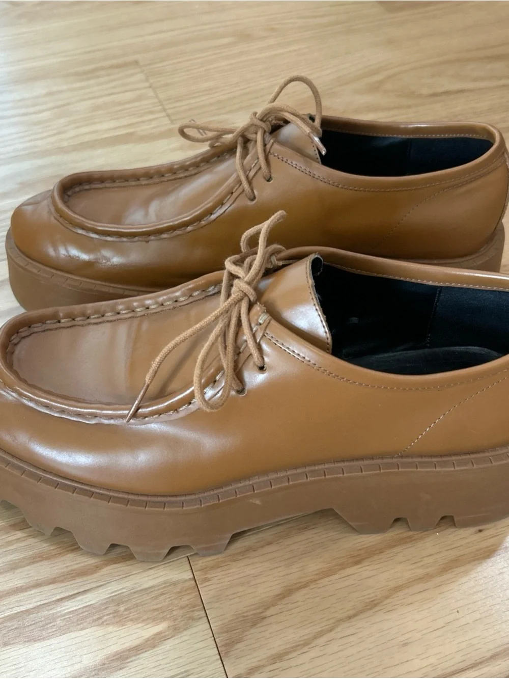 ZARA Brown Leather Chunky Platform Lug Sole Lace Up Loafers Sz 41 US 10